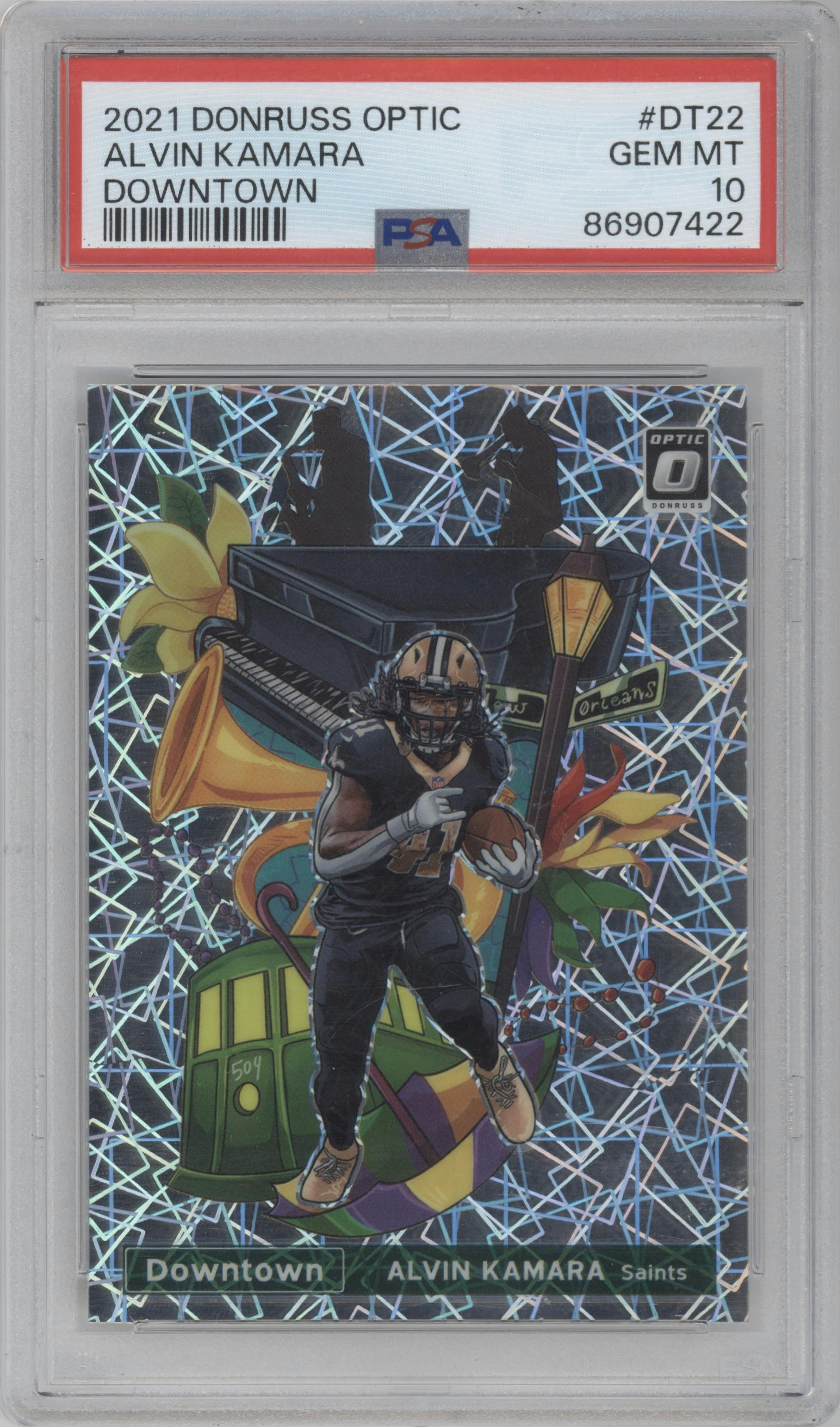 Alvin Kamara from the 2021 Panini Donruss Optic set graded by PSA and given an overall grade of 10.