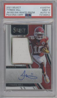 Tyreek Hill from the 2021 Panini Select set featuring a White Prizm parallel graded by PSA and given an overall grade of 9.