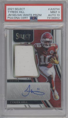 Tyreek Hill from the 2021 Panini Select set featuring a White Prizm parallel graded by PSA and given an overall grade of 9.