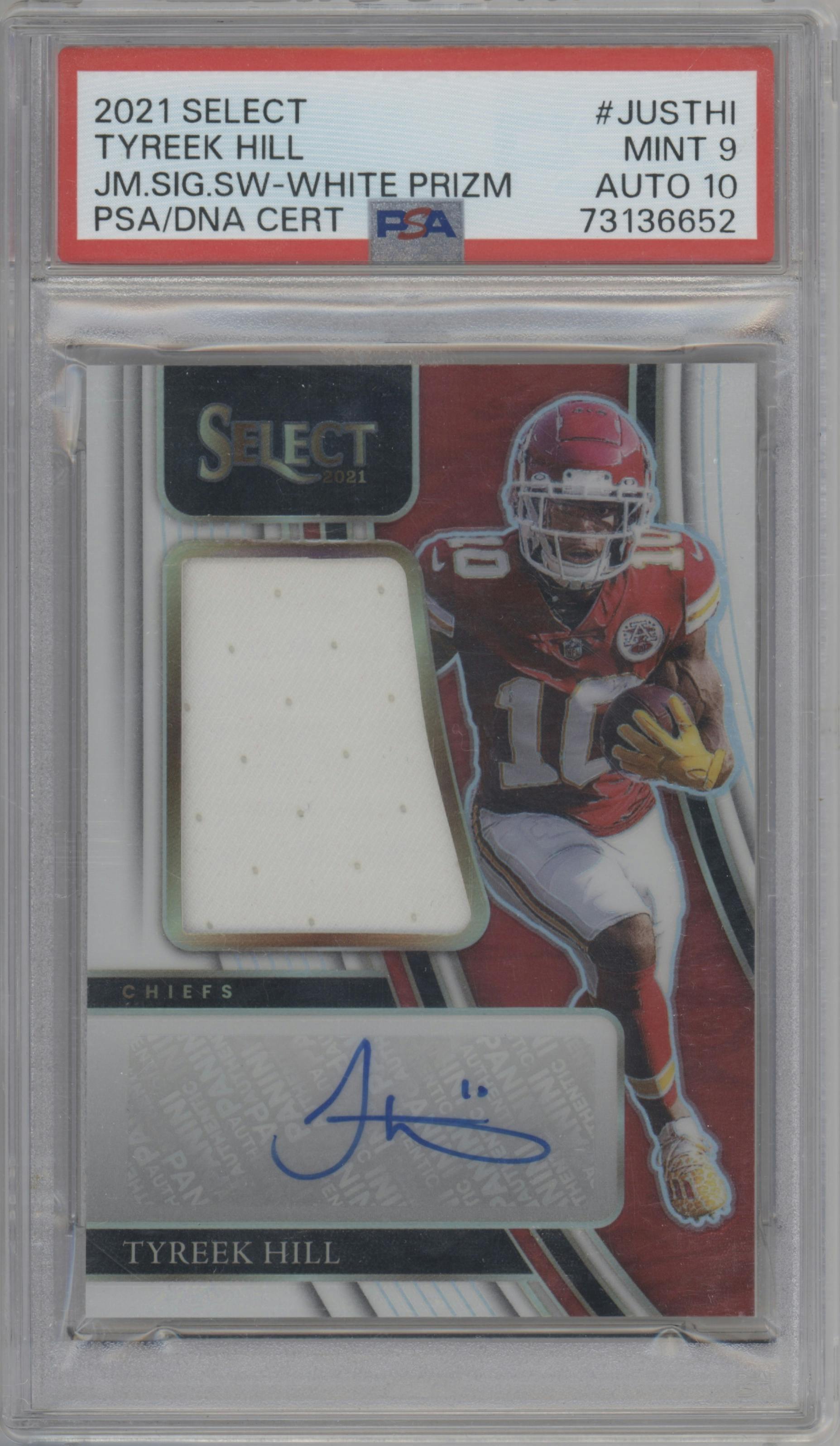 Tyreek Hill from the 2021 Panini Select set featuring a White Prizm parallel graded by PSA and given an overall grade of 9.