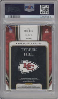 Tyreek Hill from the 2021 Panini Select set featuring a White Prizm parallel graded by PSA and given an overall grade of 9.