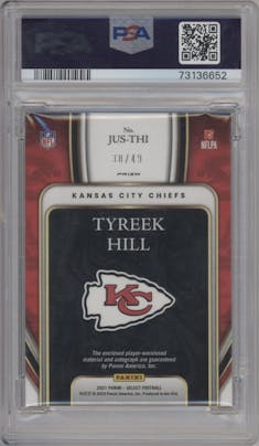 Tyreek Hill from the 2021 Panini Select set featuring a White Prizm parallel graded by PSA and given an overall grade of 9.