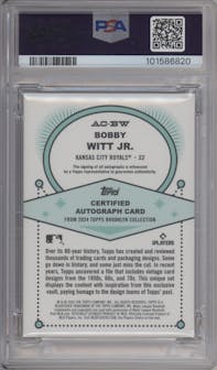 Bobby Witt Jr. from the 2024 Topps Brooklyn Collection set featuring a Blue  parallel graded by PSA and given an overall grade of 10.