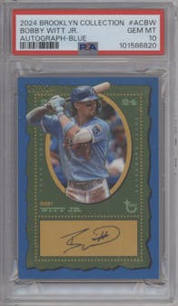 Bobby Witt Jr. from the 2024 Topps Brooklyn Collection set featuring a Blue  parallel graded by PSA and given an overall grade of 10.