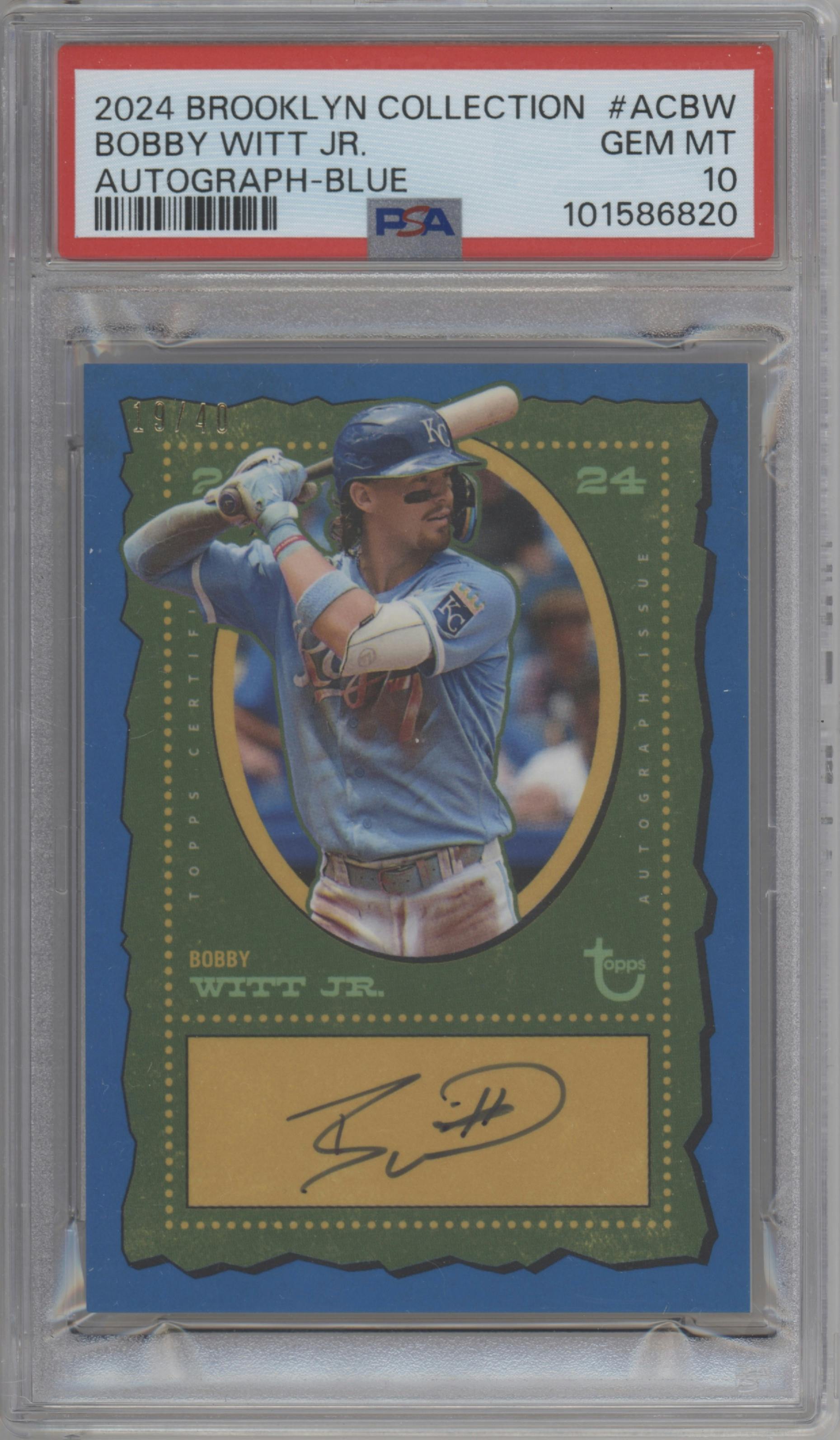 Bobby Witt Jr. from the 2024 Topps Brooklyn Collection set featuring a Blue  parallel graded by PSA and given an overall grade of 10.