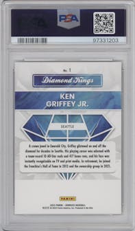 Ken Griffey Jr. from the 2023 Panini Donruss set featuring a Orange Holo parallel graded by PSA and given an overall grade of 10.
