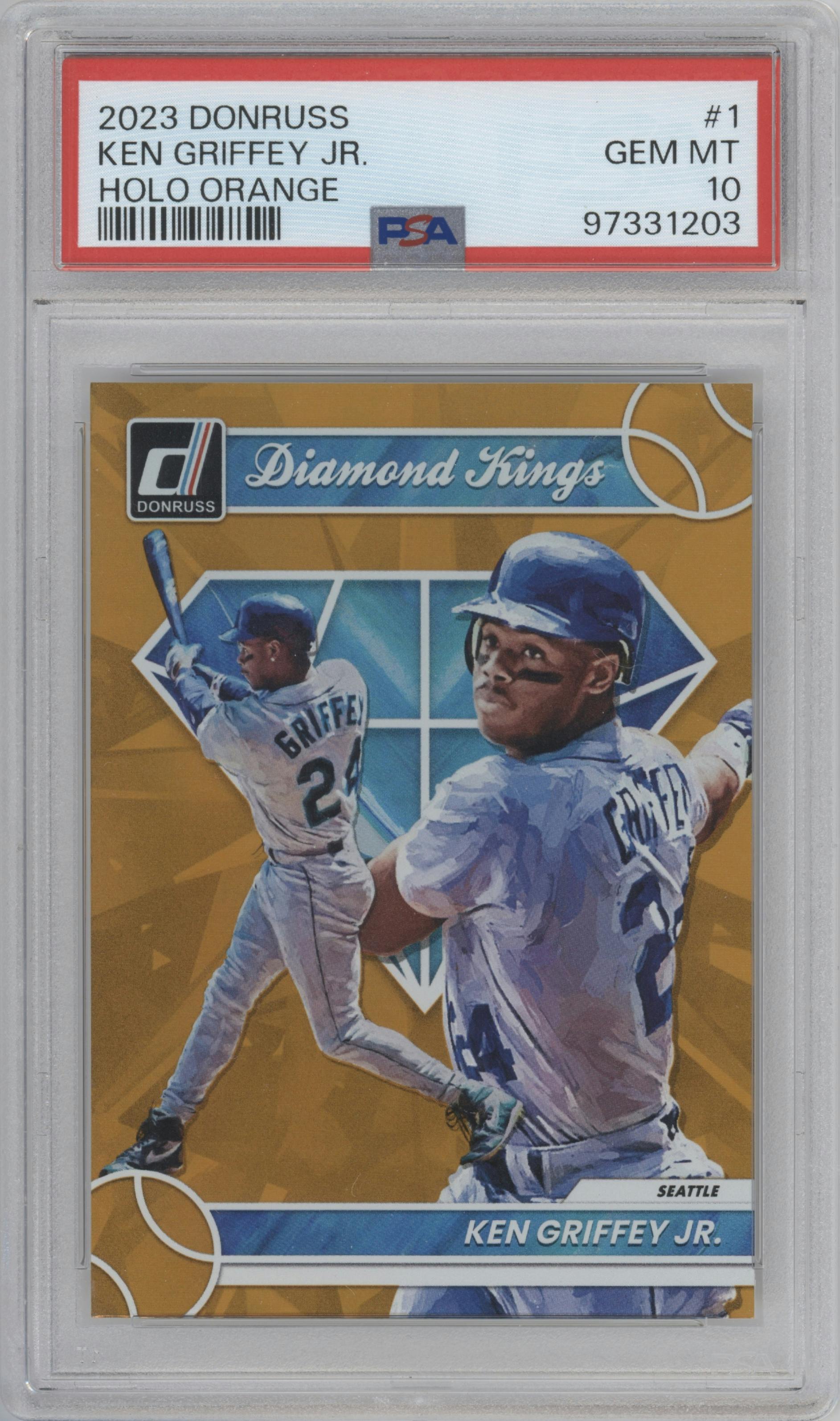 Ken Griffey Jr. from the 2023 Panini Donruss set featuring a Orange Holo parallel graded by PSA and given an overall grade of 10.