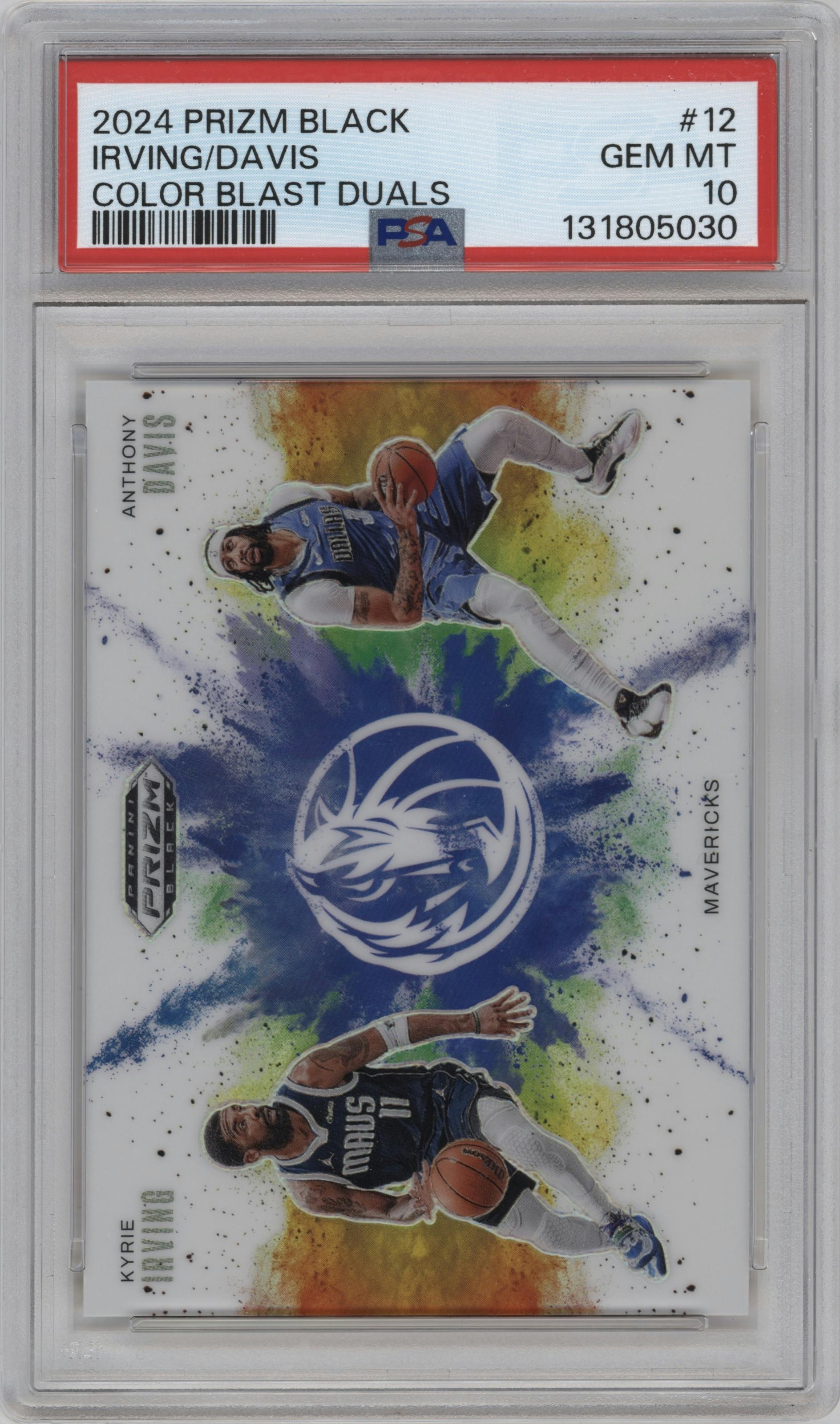 Kyrie Irving/Anthony Davis from the 2024-25 Panini Prizm Black set graded by PSA and given an overall grade of 10.