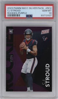 C.J. Stroud from the 2023 Panini The National VIP set featuring a Purple parallel graded by PSA and given an overall grade of 10.