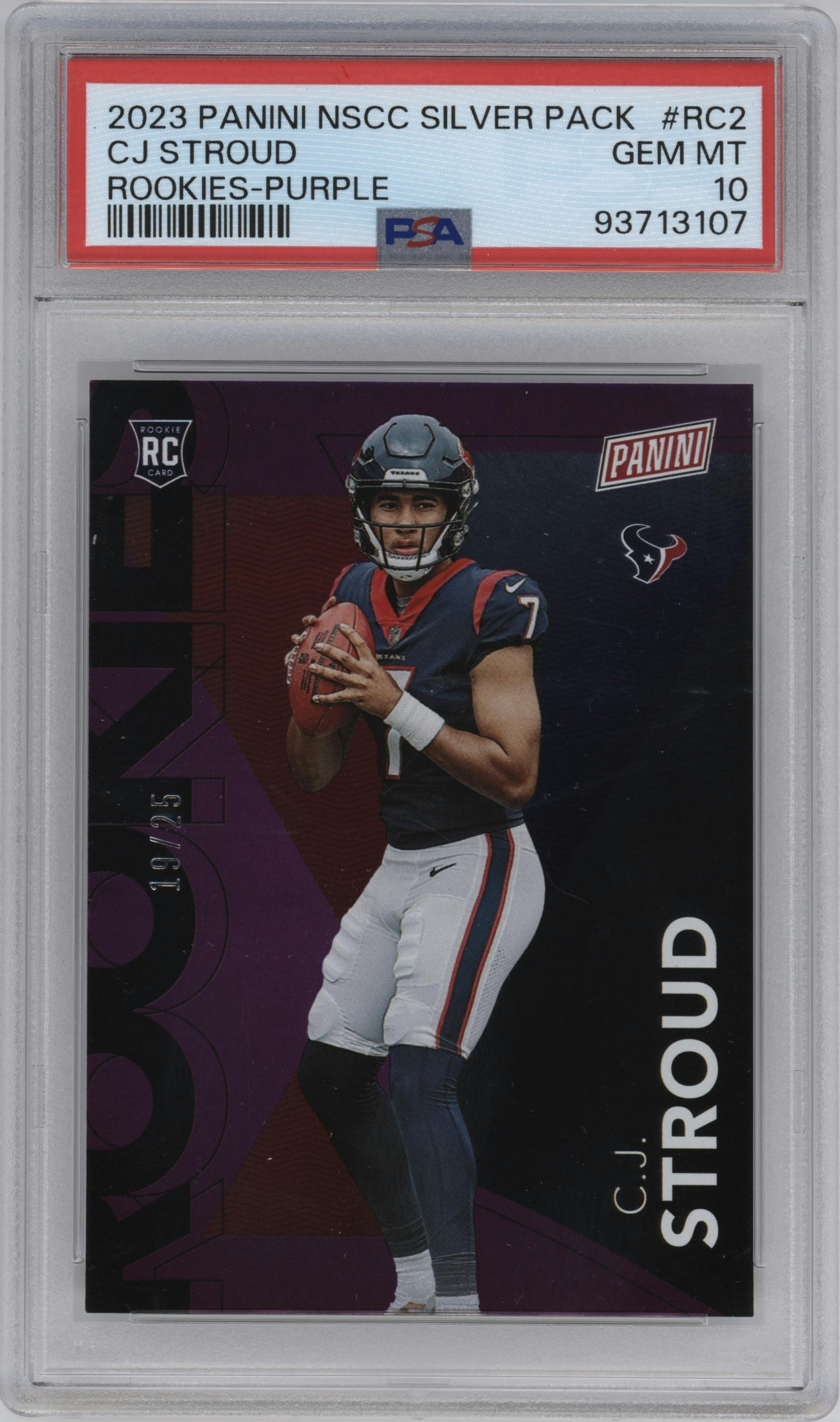 C.J. Stroud from the 2023 Panini The National VIP set featuring a Purple parallel graded by PSA and given an overall grade of 10.