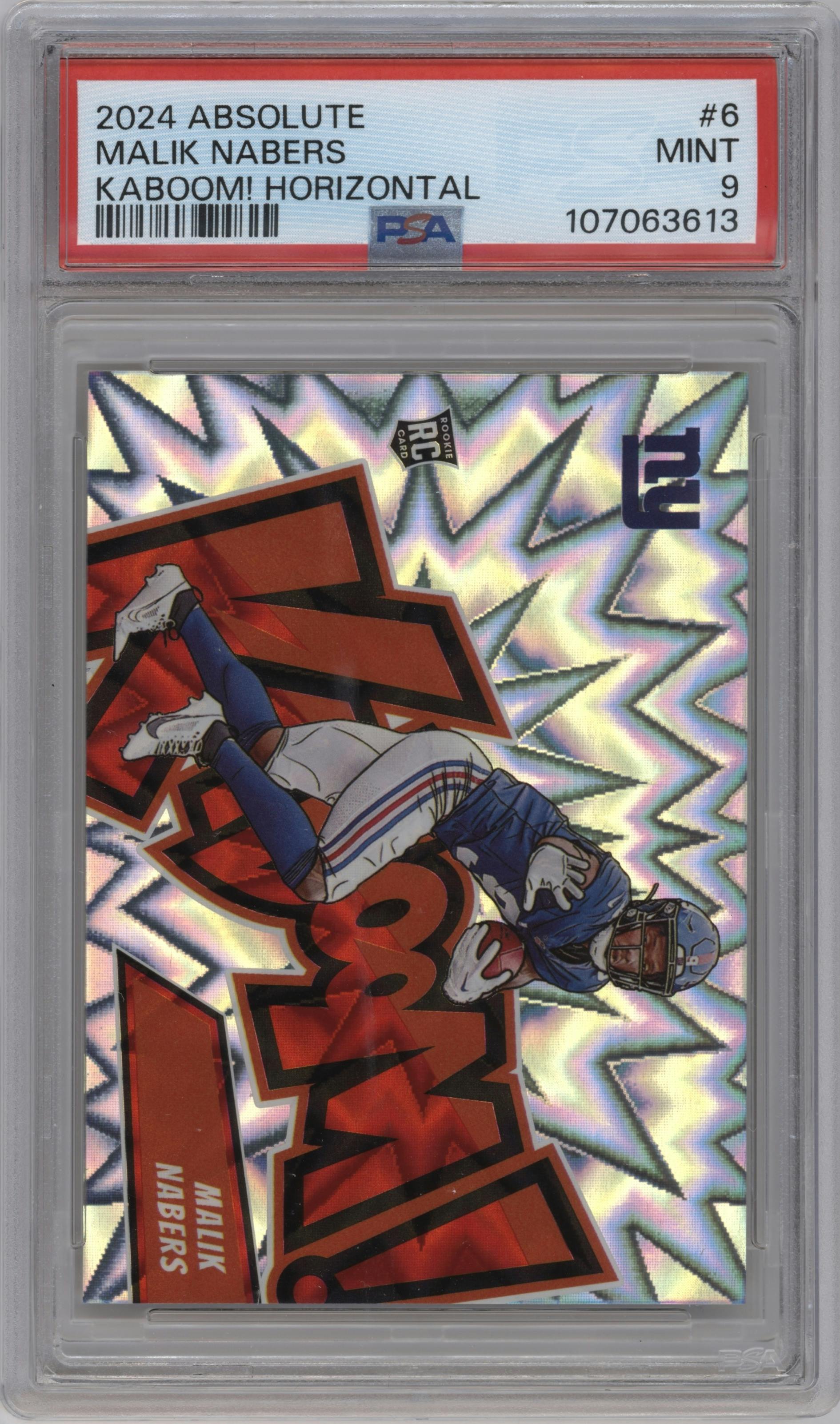 Malik Nabers from the 2024 Panini Absolute set graded by PSA and given an overall grade of 9.