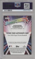 Yoshinobu Yamamoto from the 2024 Topps Chrome Logofractor set featuring a Black Refractor parallel graded by PSA and given an overall grade of 9.