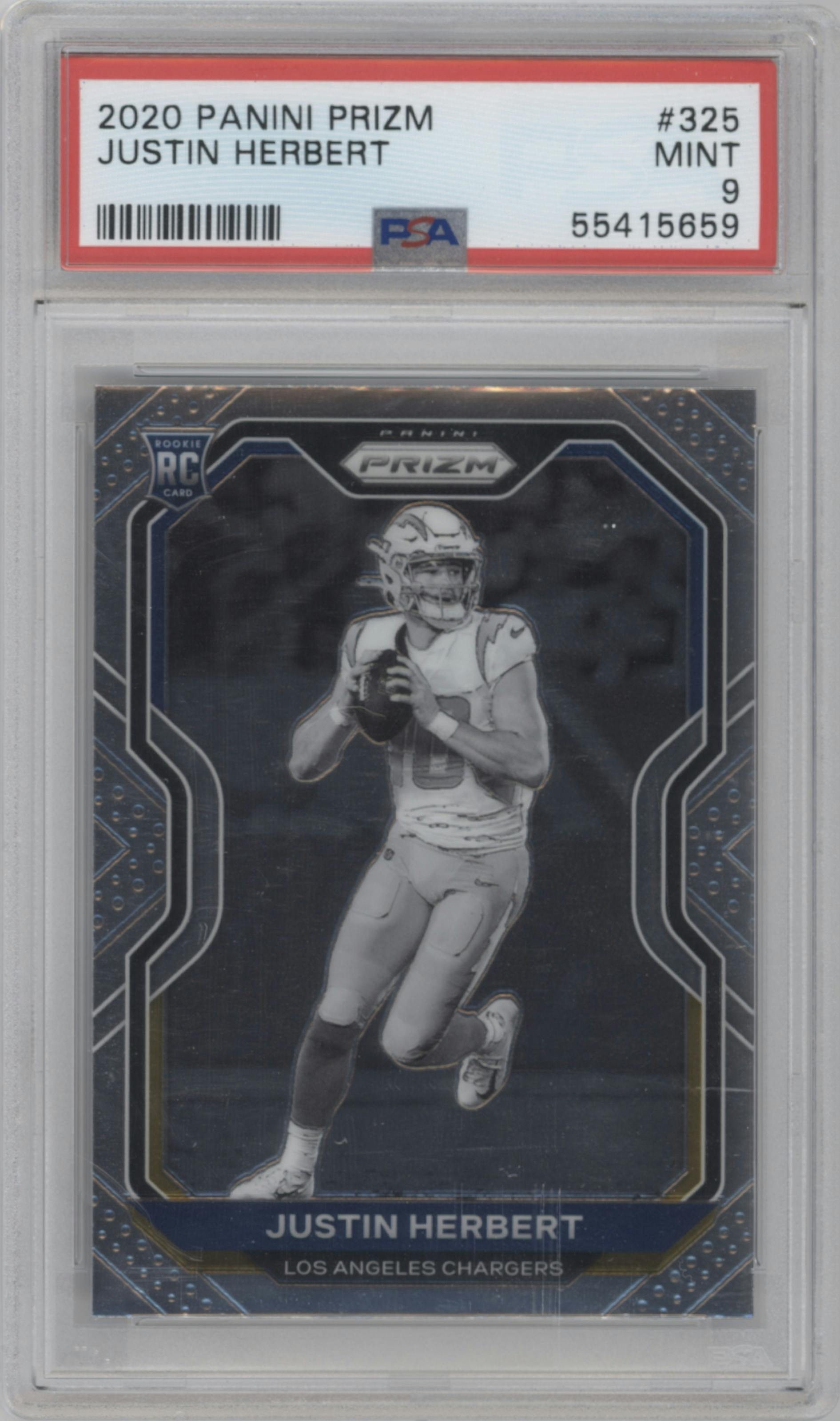 Justin Herbert from the 2020 Panini Prizm set graded by PSA and given an overall grade of 9.
