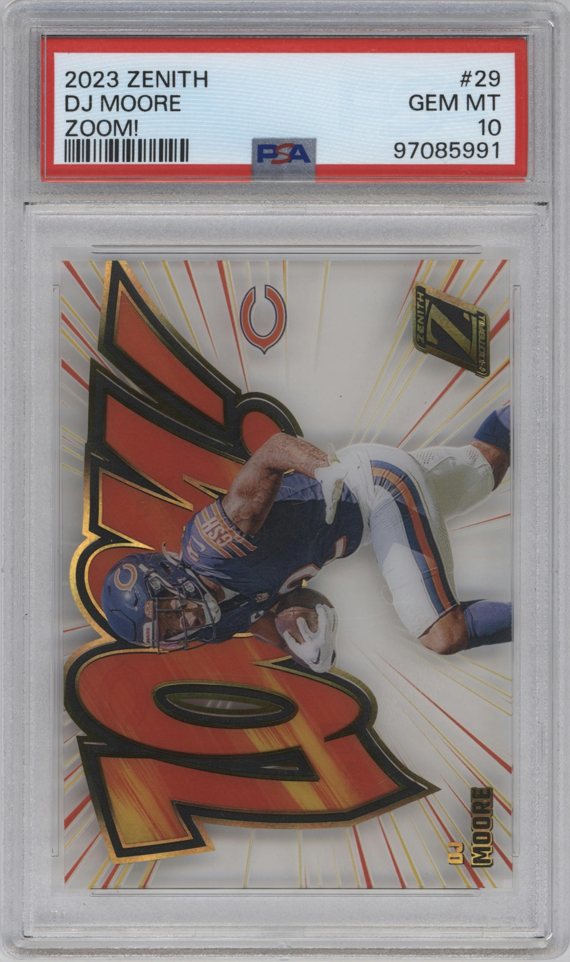 DJ Moore from the 2023 Panini Zenith set graded by PSA and given an overall grade of 10.