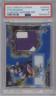 Stefon Diggs from the 2015 Topps Platinum set featuring a Sapphire Refractor parallel graded by PSA and given an overall grade of 8.
