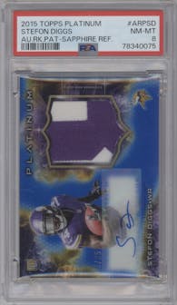 Stefon Diggs from the 2015 Topps Platinum set featuring a Sapphire Refractor parallel graded by PSA and given an overall grade of 8.