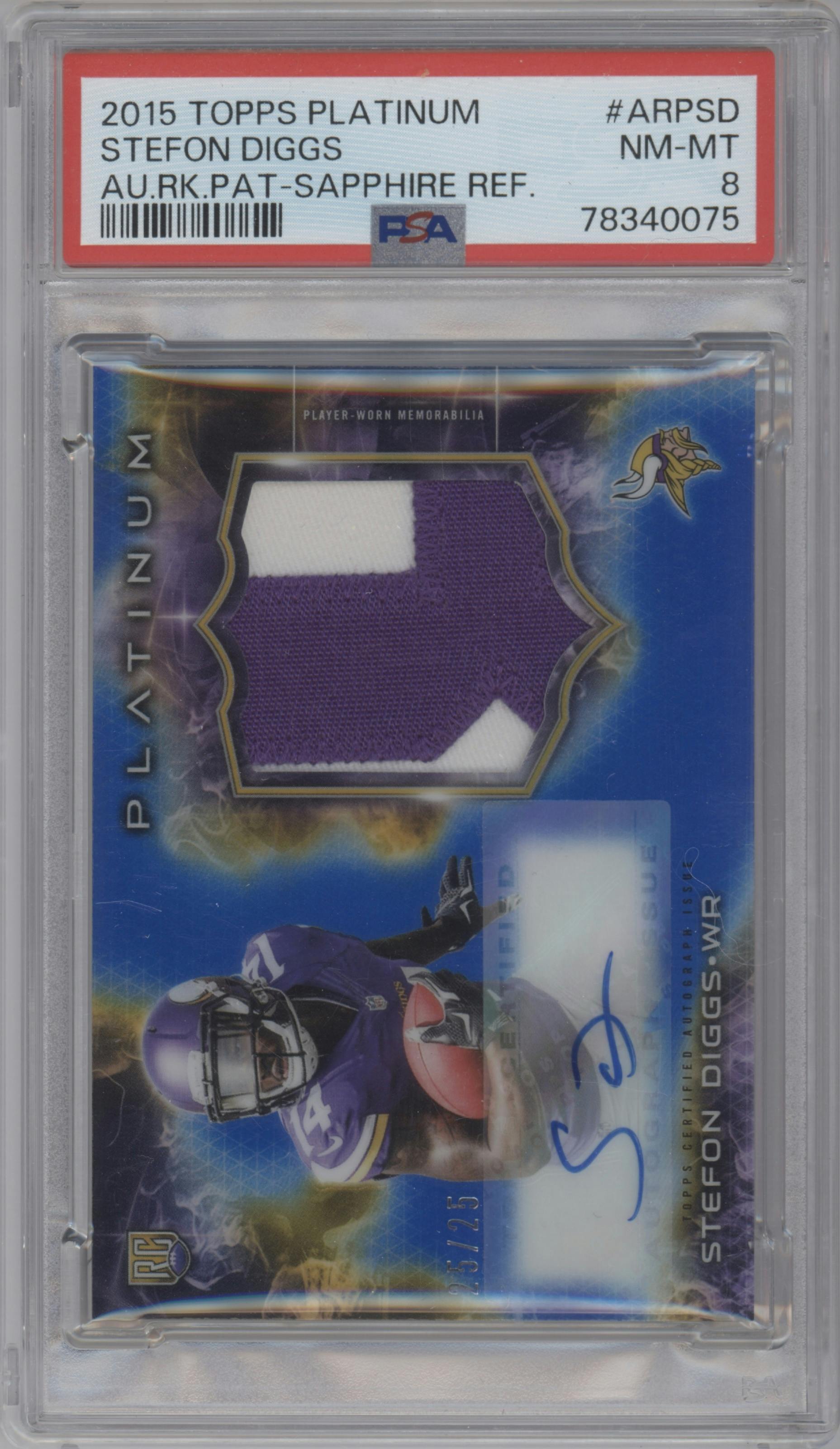 Stefon Diggs from the 2015 Topps Platinum set featuring a Sapphire Refractor parallel graded by PSA and given an overall grade of 8.