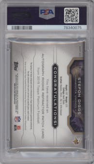 Stefon Diggs from the 2015 Topps Platinum set featuring a Sapphire Refractor parallel graded by PSA and given an overall grade of 8.