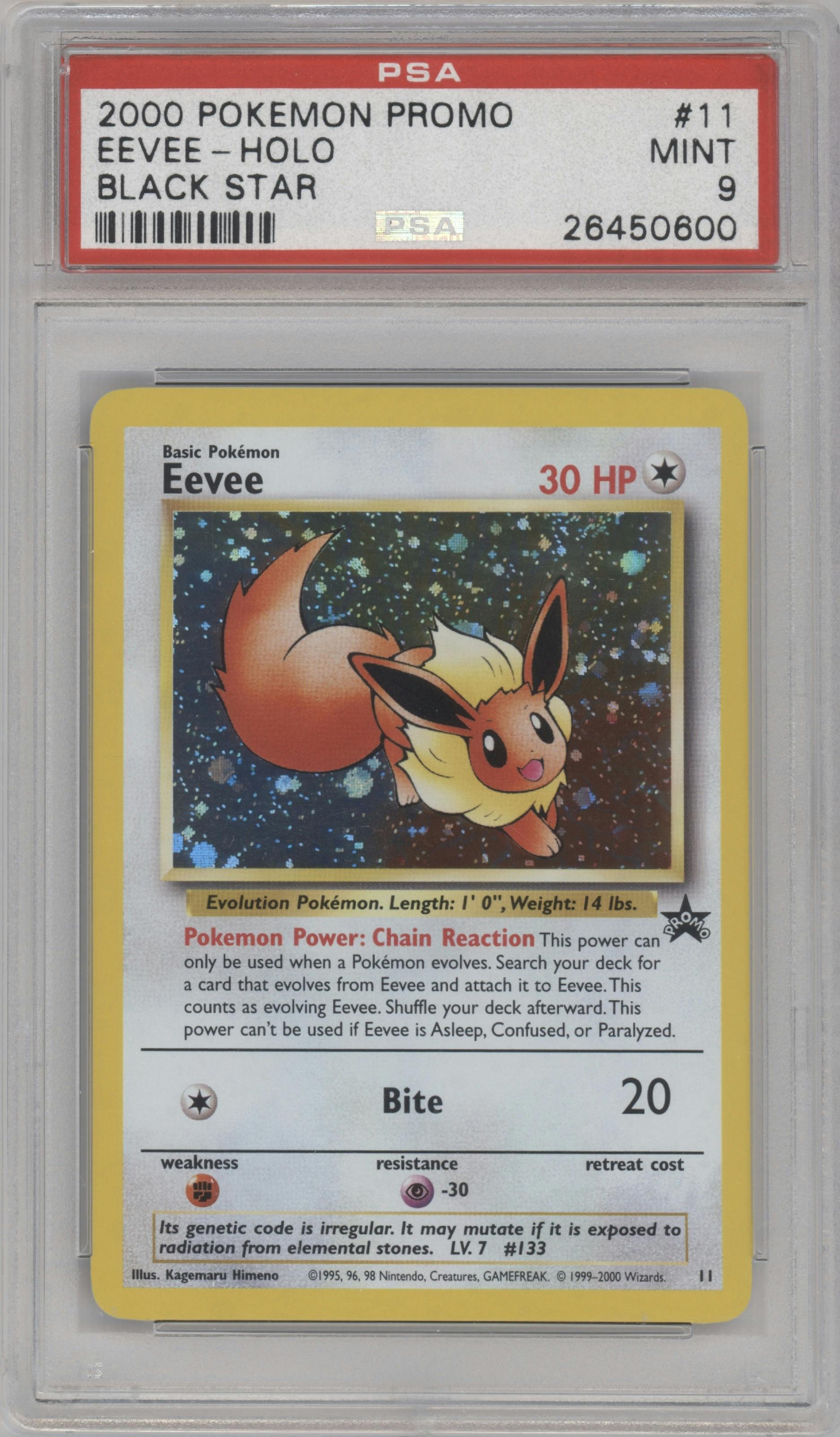 Eevee from the 2000 Pokemon set featuring a Pokemon League parallel graded by PSA and given an overall grade of 9.