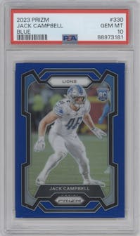 Jack Campbell from the 2023 Panini Prizm set featuring a Blue Prizm parallel graded by PSA and given an overall grade of 10.
