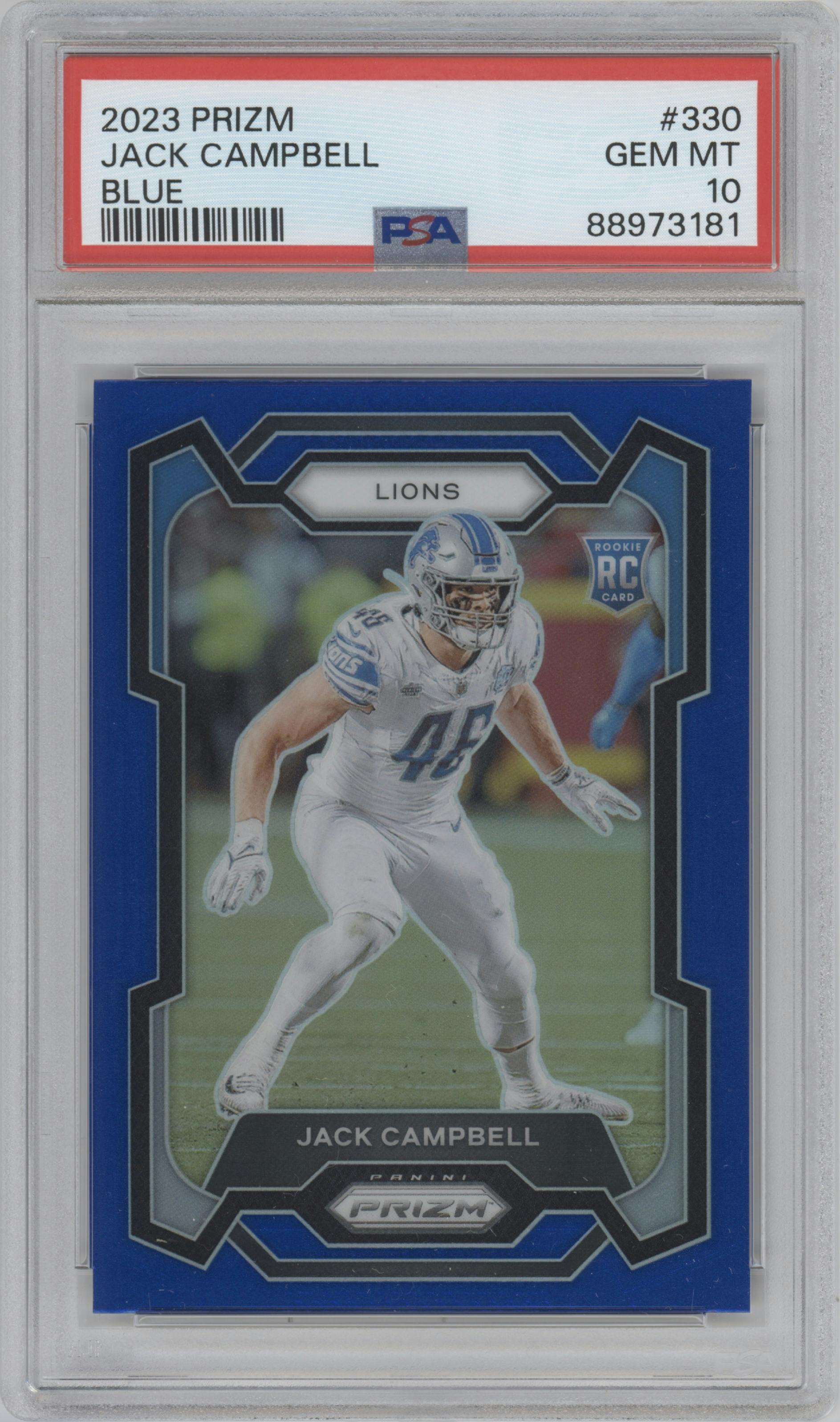 Jack Campbell from the 2023 Panini Prizm set featuring a Blue Prizm parallel graded by PSA and given an overall grade of 10.