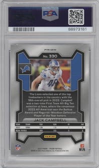 Jack Campbell from the 2023 Panini Prizm set featuring a Blue Prizm parallel graded by PSA and given an overall grade of 10.
