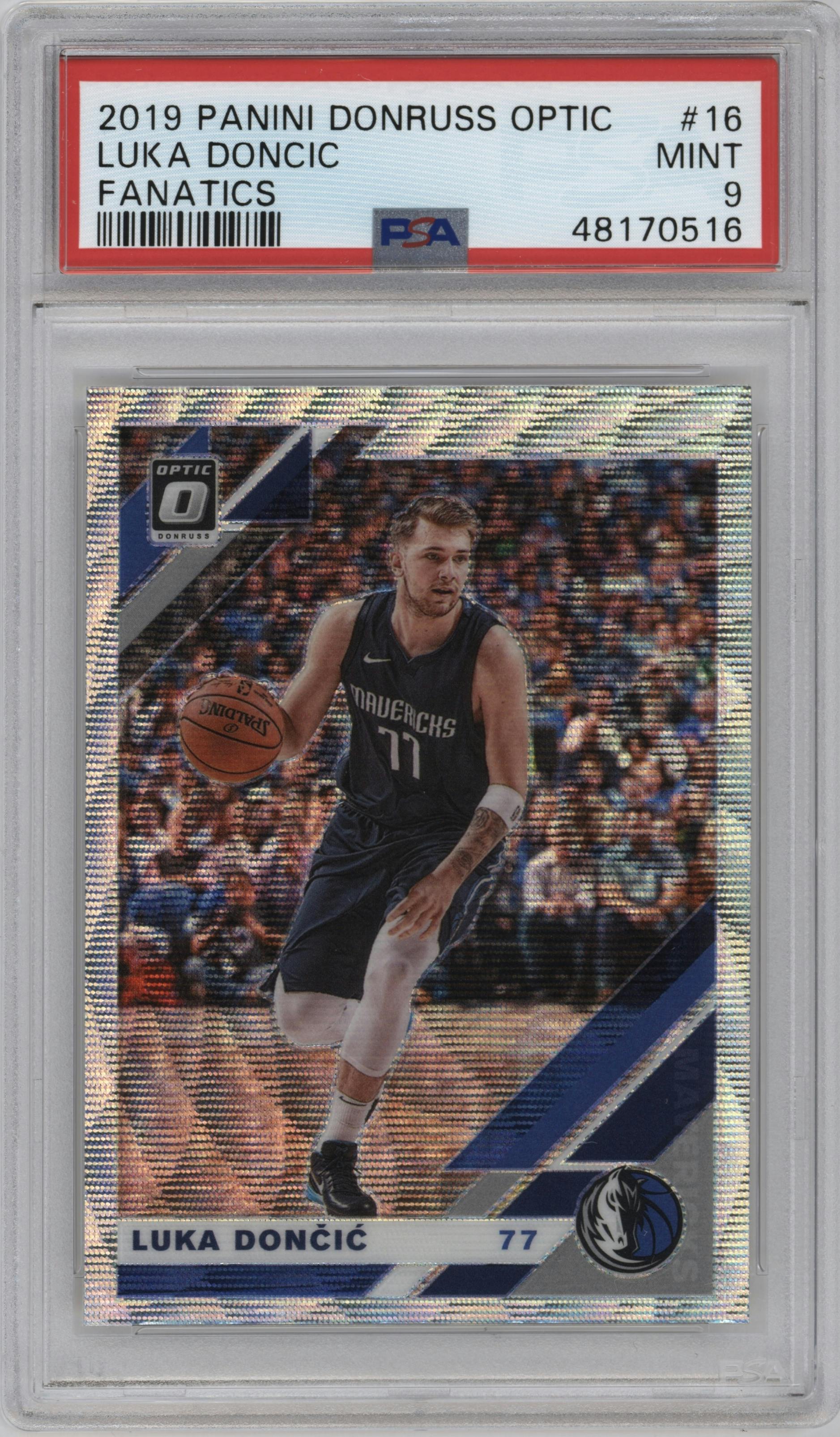 Luka Doncic from the 2019-20 Panini Donruss Optic set featuring a Fanatics Factory Set parallel graded by PSA and given an overall grade of 9.