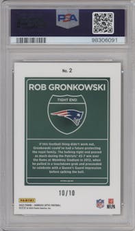 Rob Gronkowski from the 2023 Donruss Optic set featuring a Gold parallel graded by PSA and given an overall grade of 10.