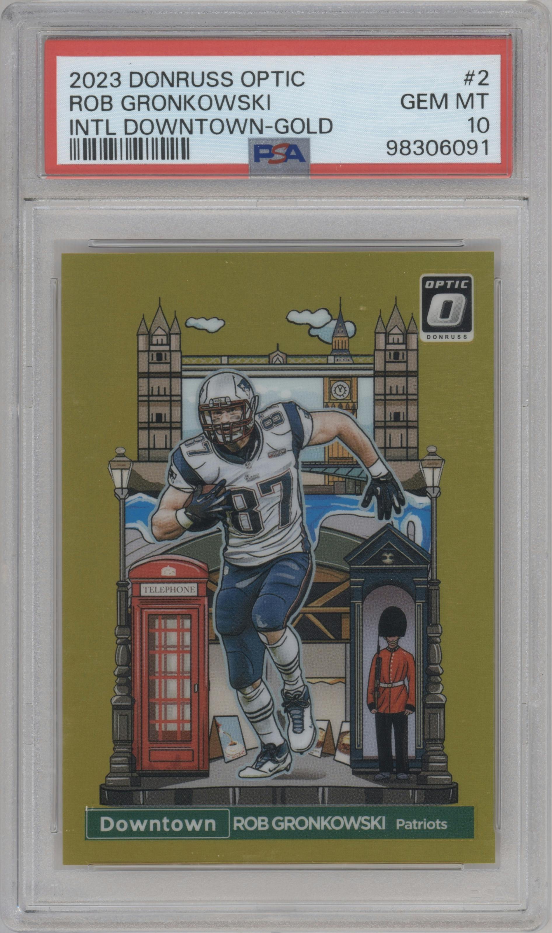 Rob Gronkowski from the 2023 Donruss Optic set featuring a Gold parallel graded by PSA and given an overall grade of 10.