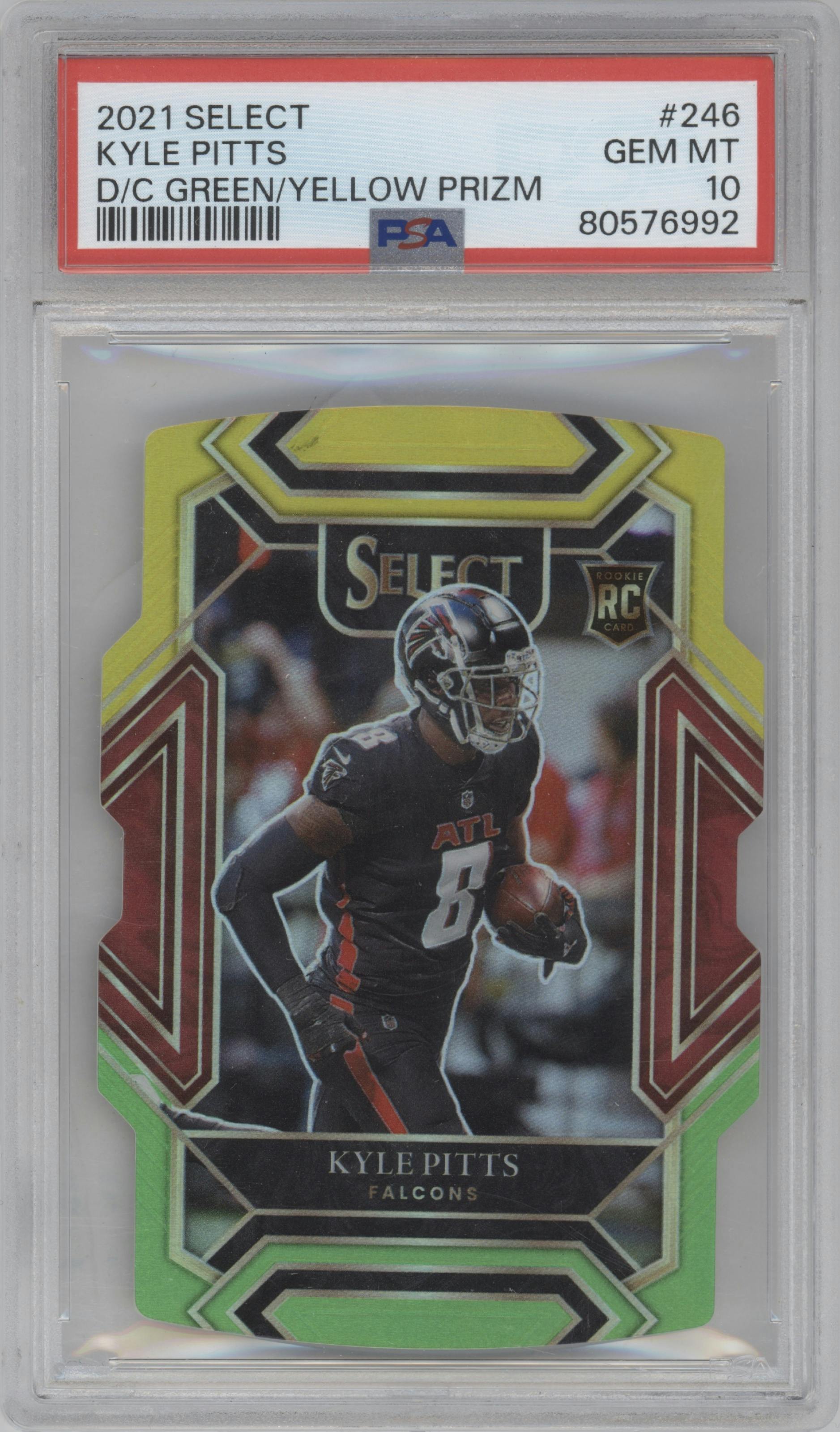 Kyle Pitts from the 2021 Panini Select set featuring a Die-Cut Green/Yellow parallel graded by PSA and given an overall grade of 10.