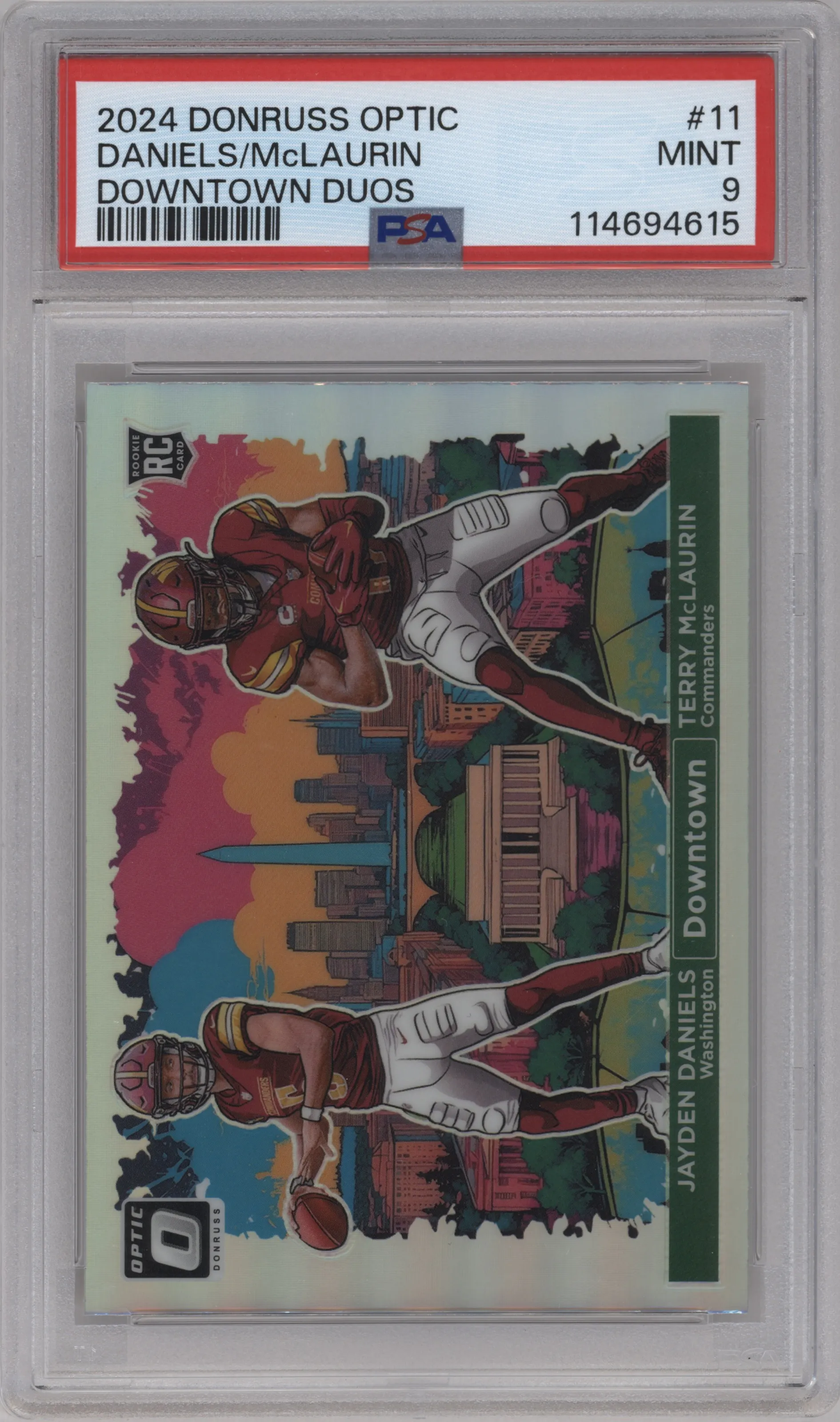 Jayden Daniels/Terry McLaurin from the 2024 Donruss Optic set graded by PSA and given an overall grade of 9.