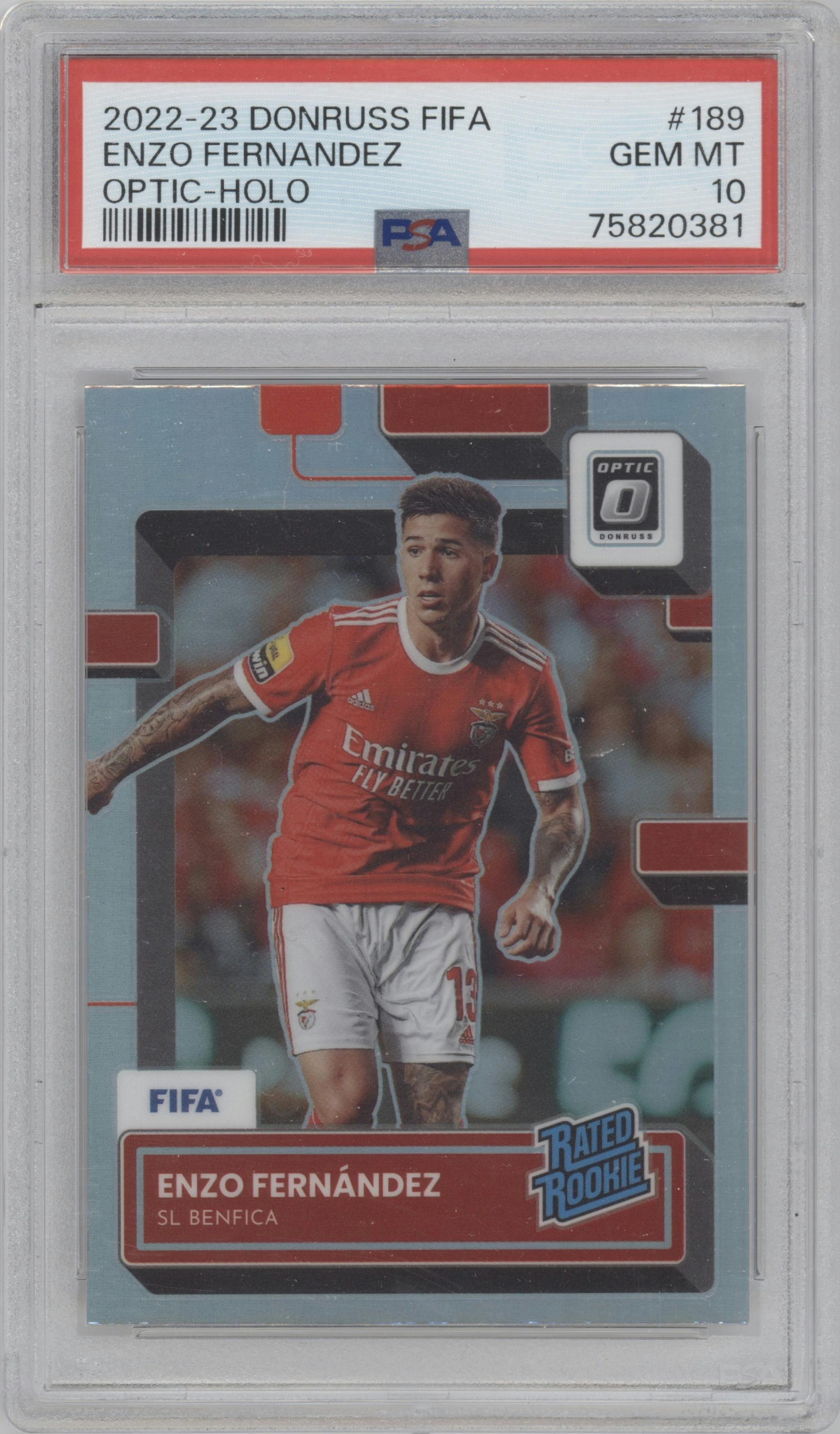 Enzo Fernandez from the 2022-23 Panini Donruss  set featuring a Optic Holo parallel graded by PSA and given an overall grade of 10.