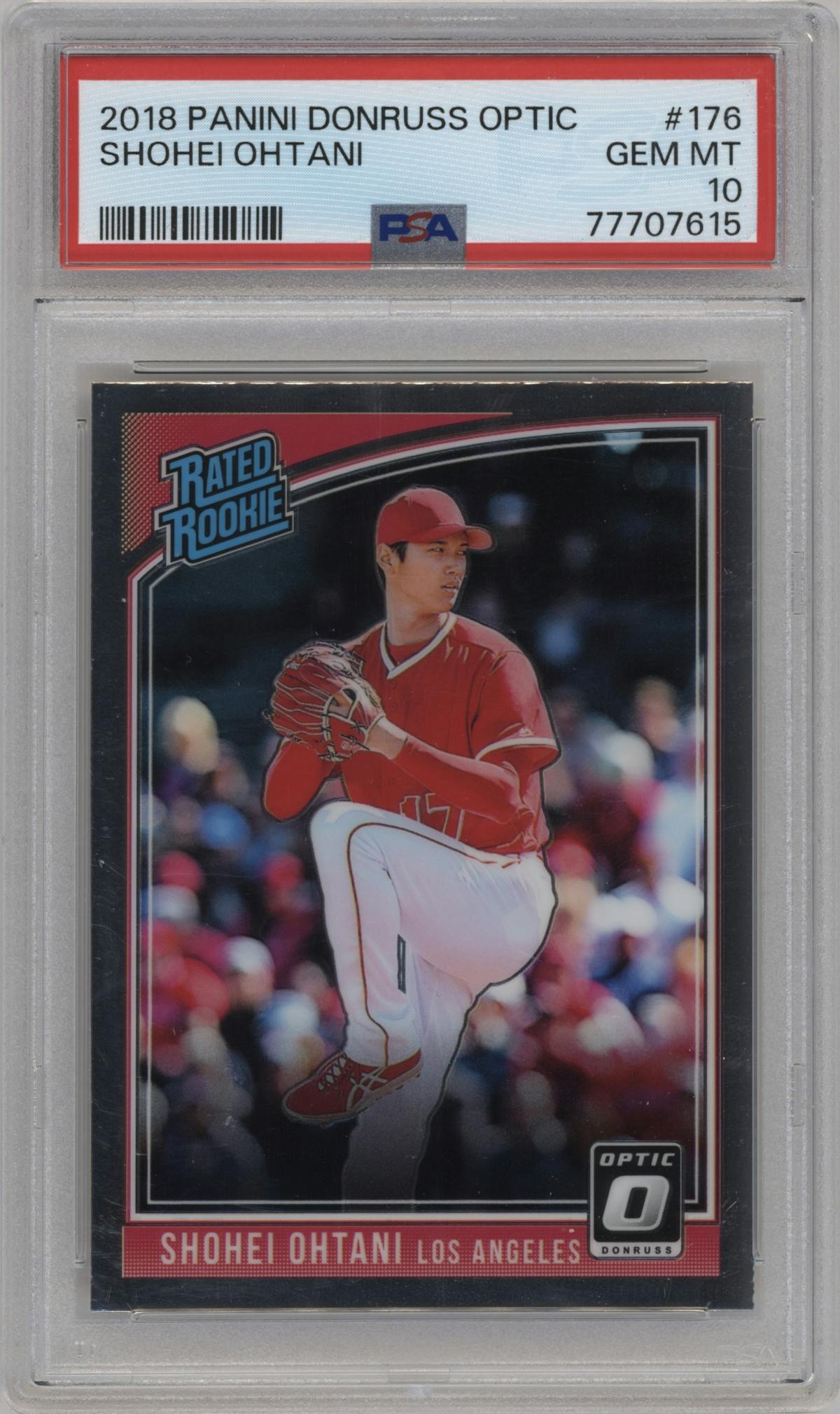 Shohei Ohtani from the 2018 Panini Donruss Optic set graded by PSA and given an overall grade of 10.