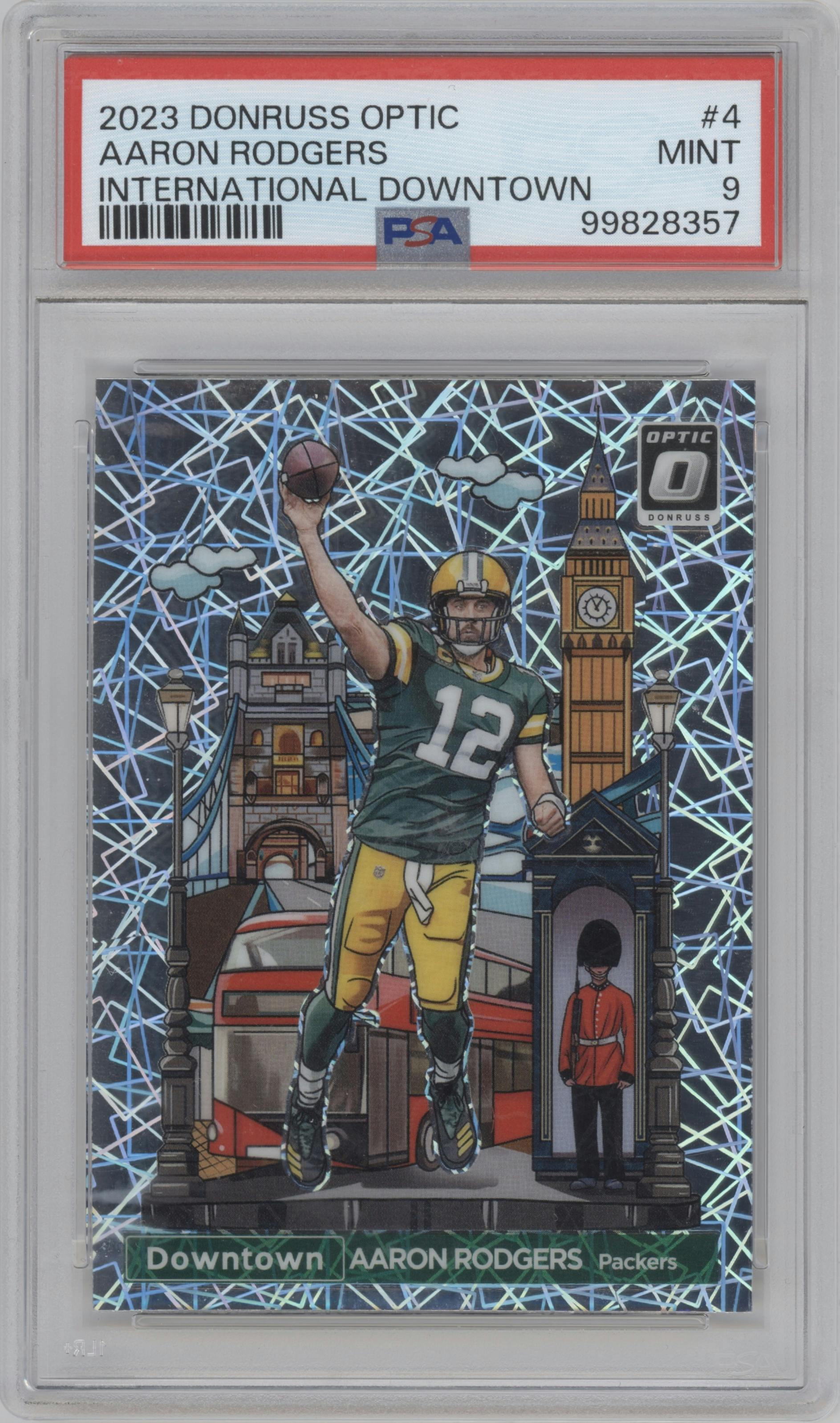 Aaron Rodgers from the 2023 Donruss Optic set graded by PSA and given an overall grade of 9.