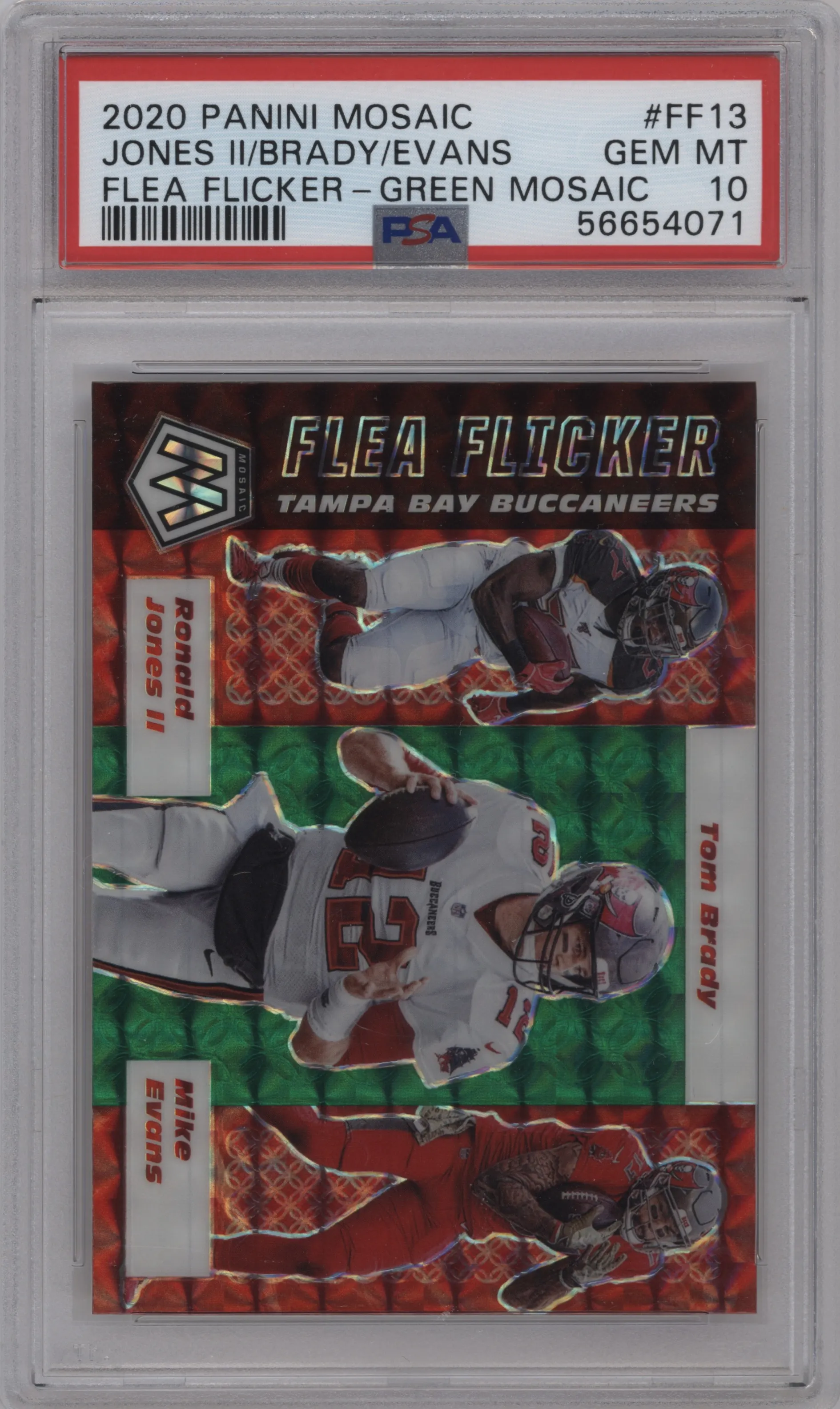 2020 Panini Mosaic Flea Flicker Ronald Jones II/Tom Brady/Mike Evans Green Mosaic #FF13 PSA 10