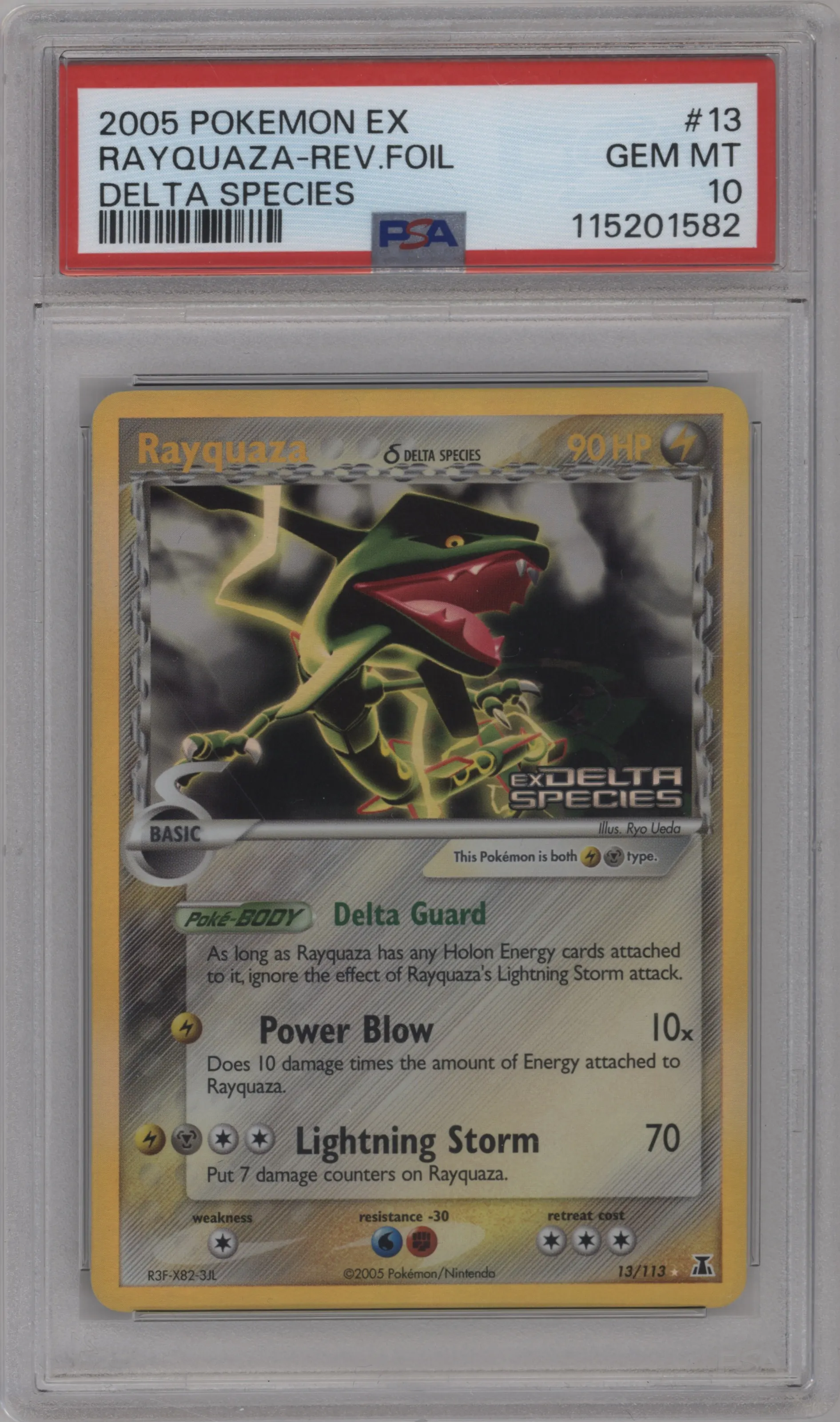 Rayquaza from the 2005 Pokemon EX set graded by PSA and given an overall grade of 10.