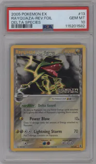 Rayquaza from the 2005 Pokemon EX set graded by PSA and given an overall grade of 10.