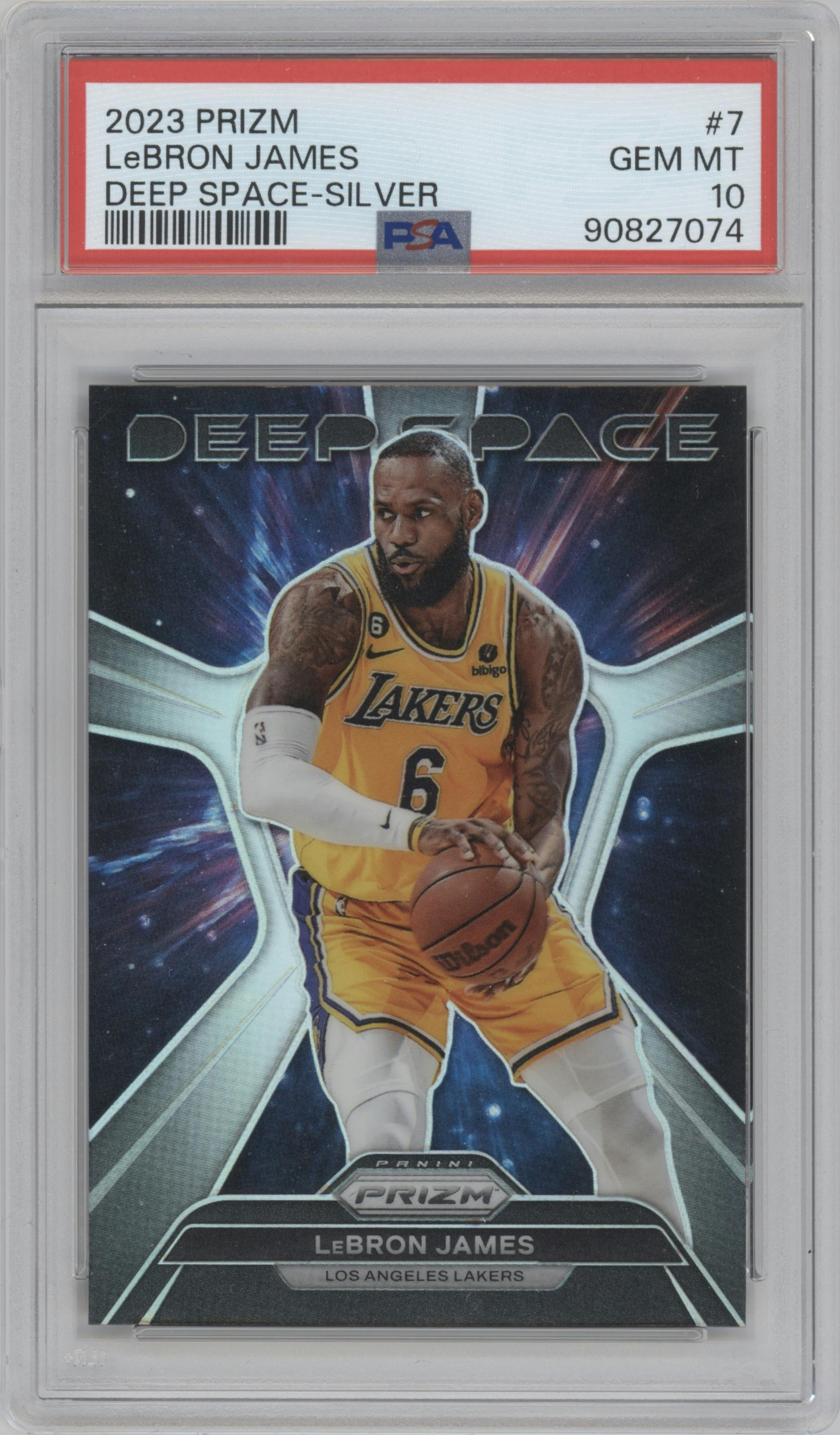 LeBron James from the 2023-24 Panini Prizm set featuring a Silver Prizm parallel graded by PSA and given an overall grade of 10.