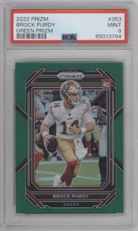 Brock Purdy from the 2022 Panini Prizm set featuring a Green Prizm parallel graded by PSA and given an overall grade of 9.