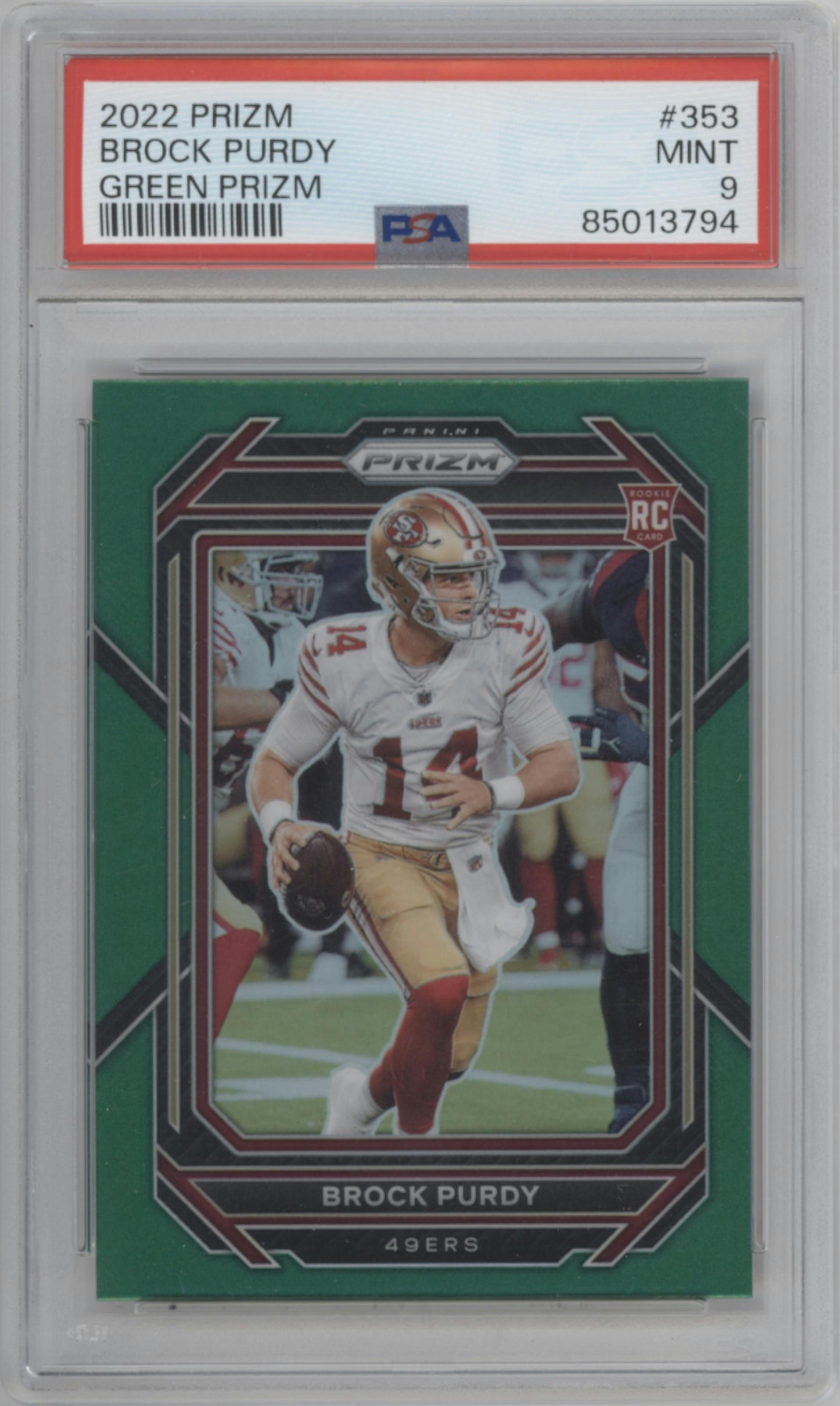 Brock Purdy from the 2022 Panini Prizm set featuring a Green Prizm parallel graded by PSA and given an overall grade of 9.