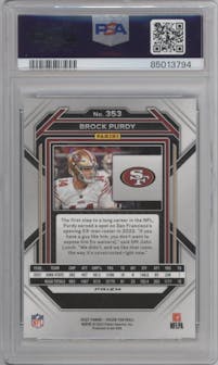 Brock Purdy from the 2022 Panini Prizm set featuring a Green Prizm parallel graded by PSA and given an overall grade of 9.