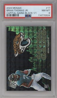 Brian Thomas Jr. from the 2024 Panini Mosaic set featuring a Black parallel graded by PSA and given an overall grade of 8.