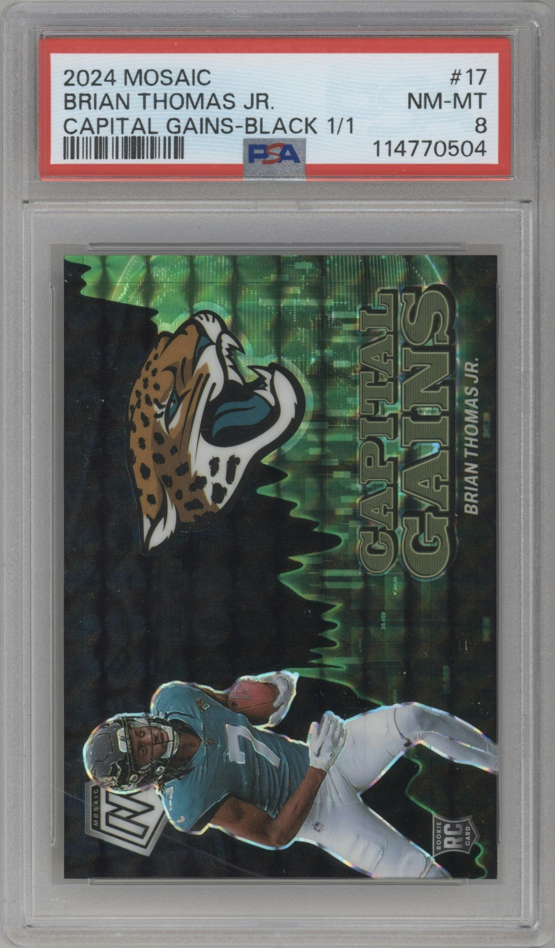 Brian Thomas Jr. from the 2024 Panini Mosaic set featuring a Black parallel graded by PSA and given an overall grade of 8.