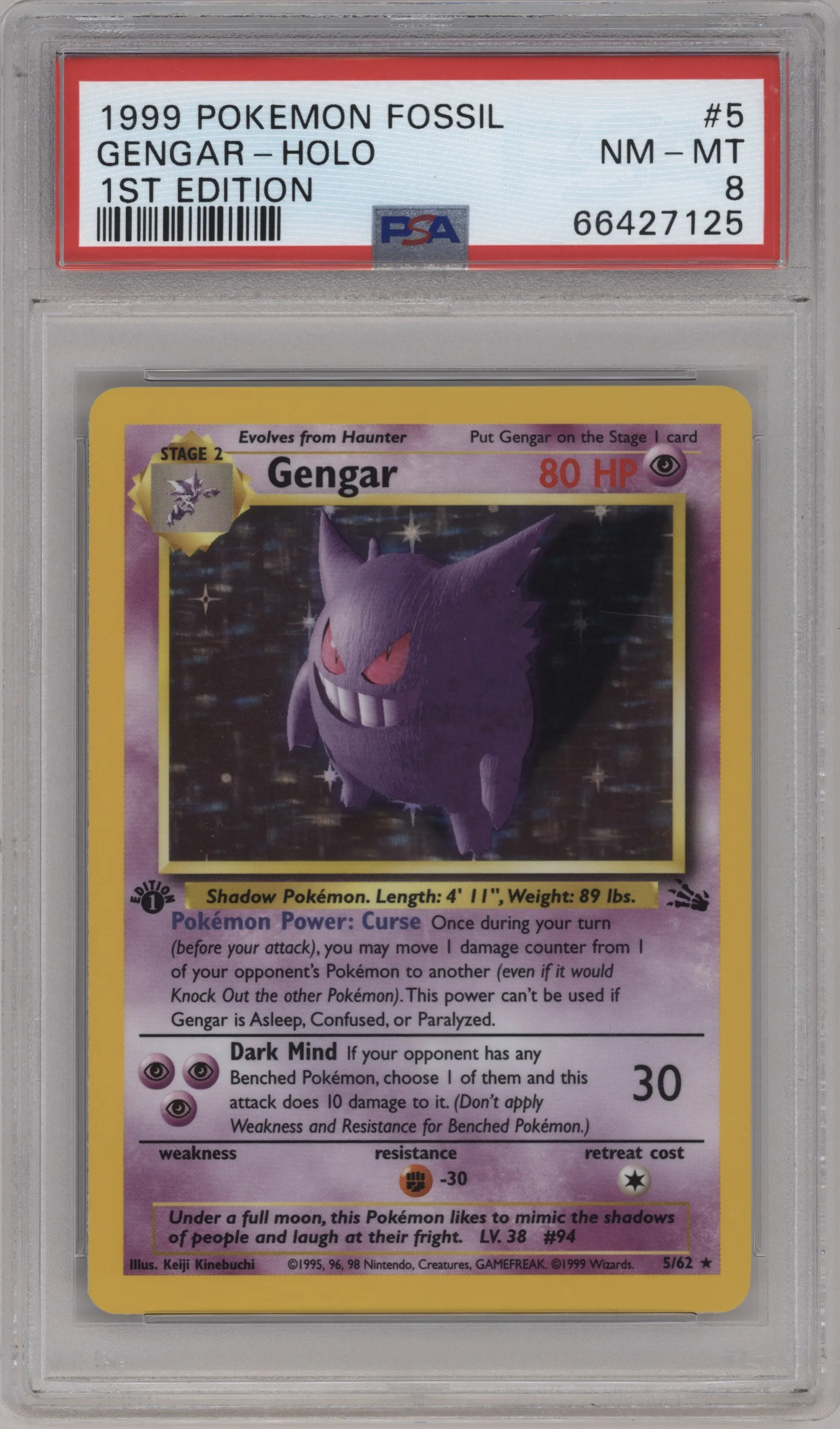 1999 Pokemon Fossil Gengar #5 PSA 8