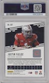 Justin Fields from the 2021 Panini Prestige set featuring a Blue parallel graded by PSA and given an overall grade of 10.