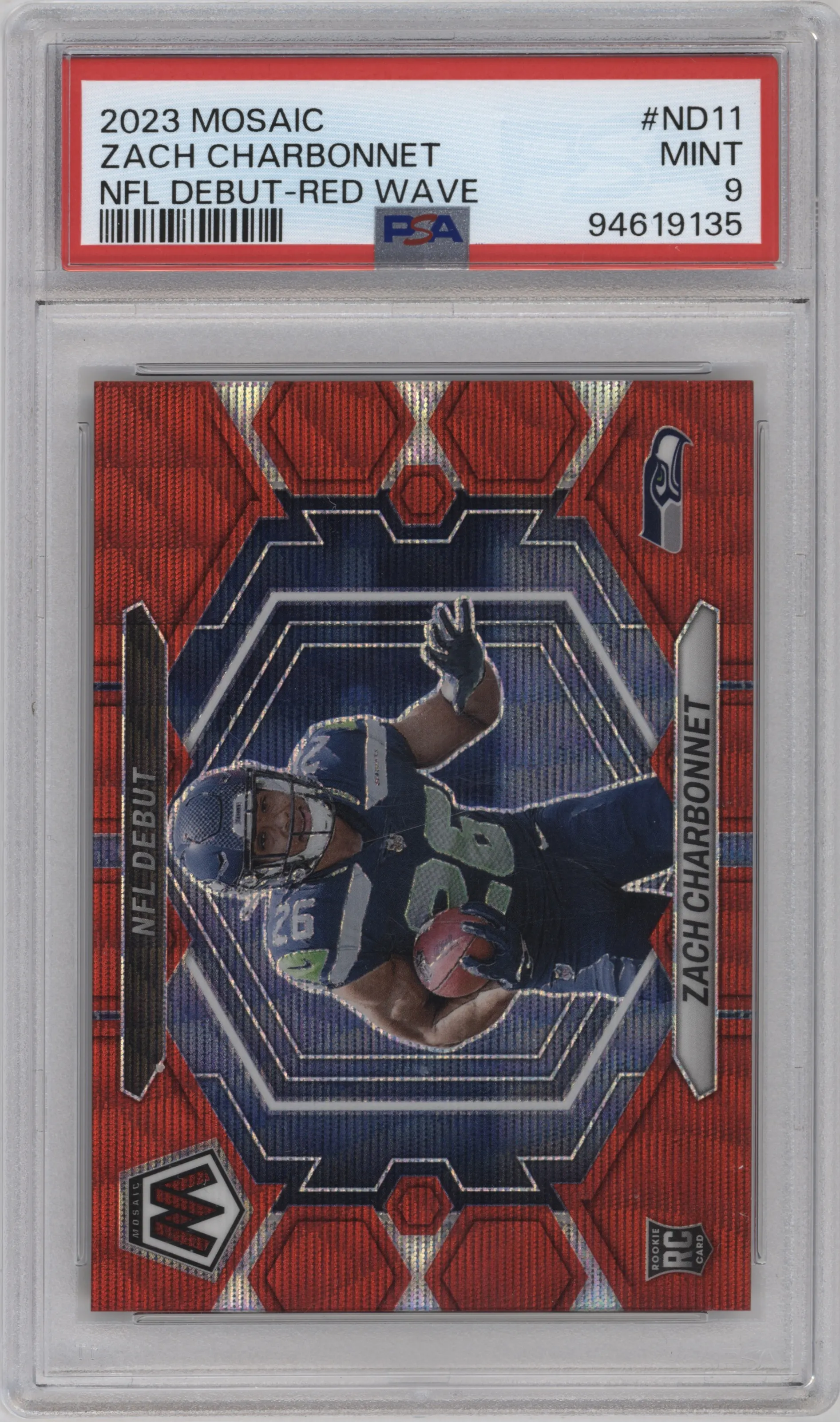 2023 Panini Mosaic NFL Debut Zach Charbonnet Red Wave PSA 9