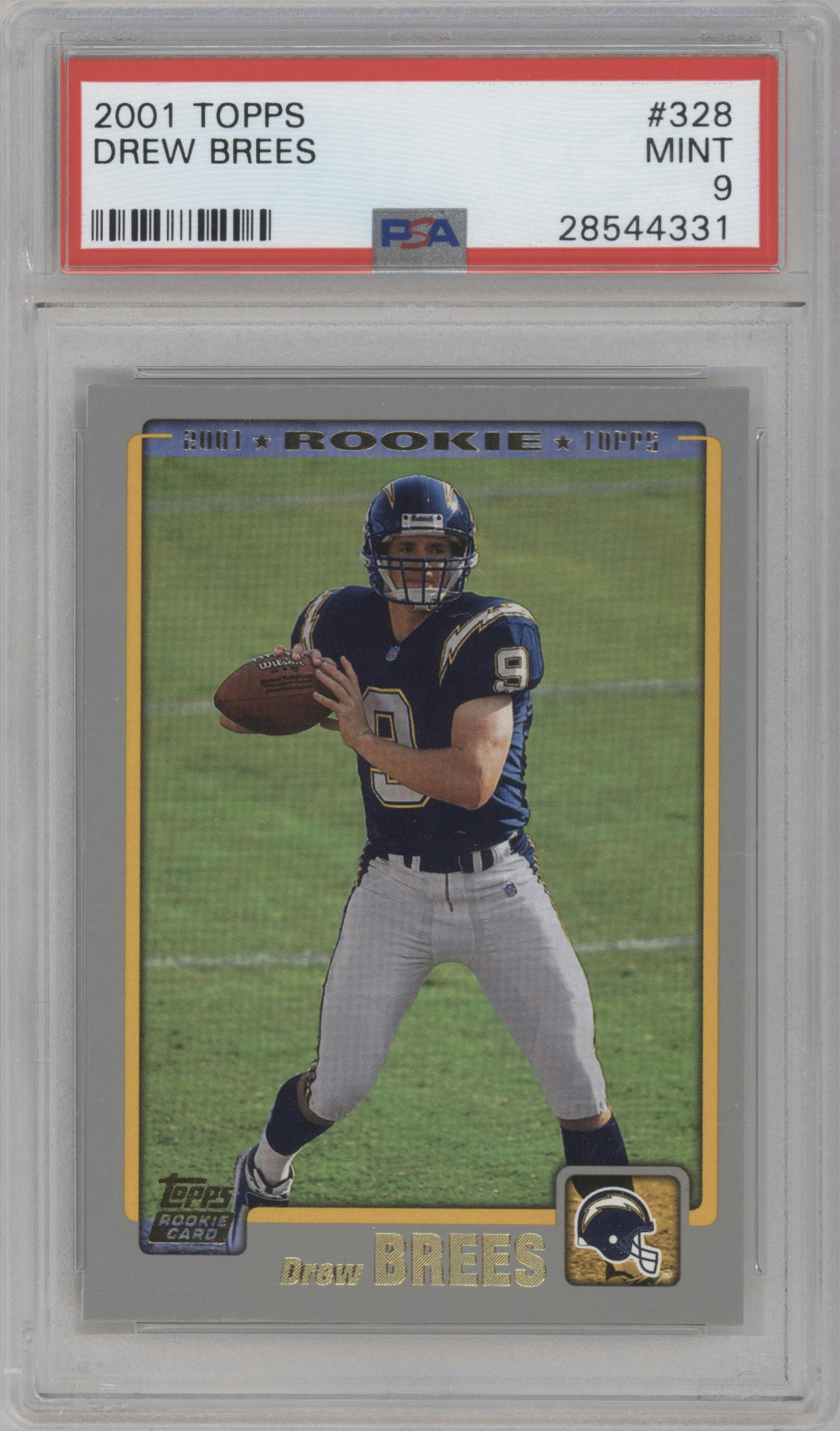 Drew Brees  from the 2001 Topps set graded by PSA and given an overall grade of 9.