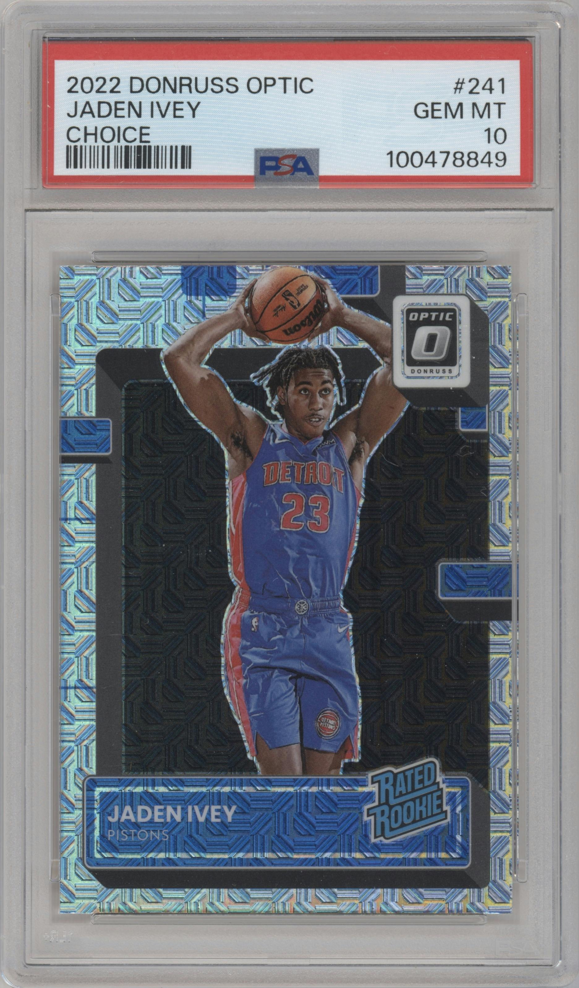 Jaden Ivey from the 2022-23 Panini Donruss Optic  set featuring a Choice parallel graded by PSA and given an overall grade of 10.