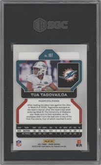 Tua Tagovailoa from the 2021 Panini Prizm set graded by SGC and given an overall grade of 7.