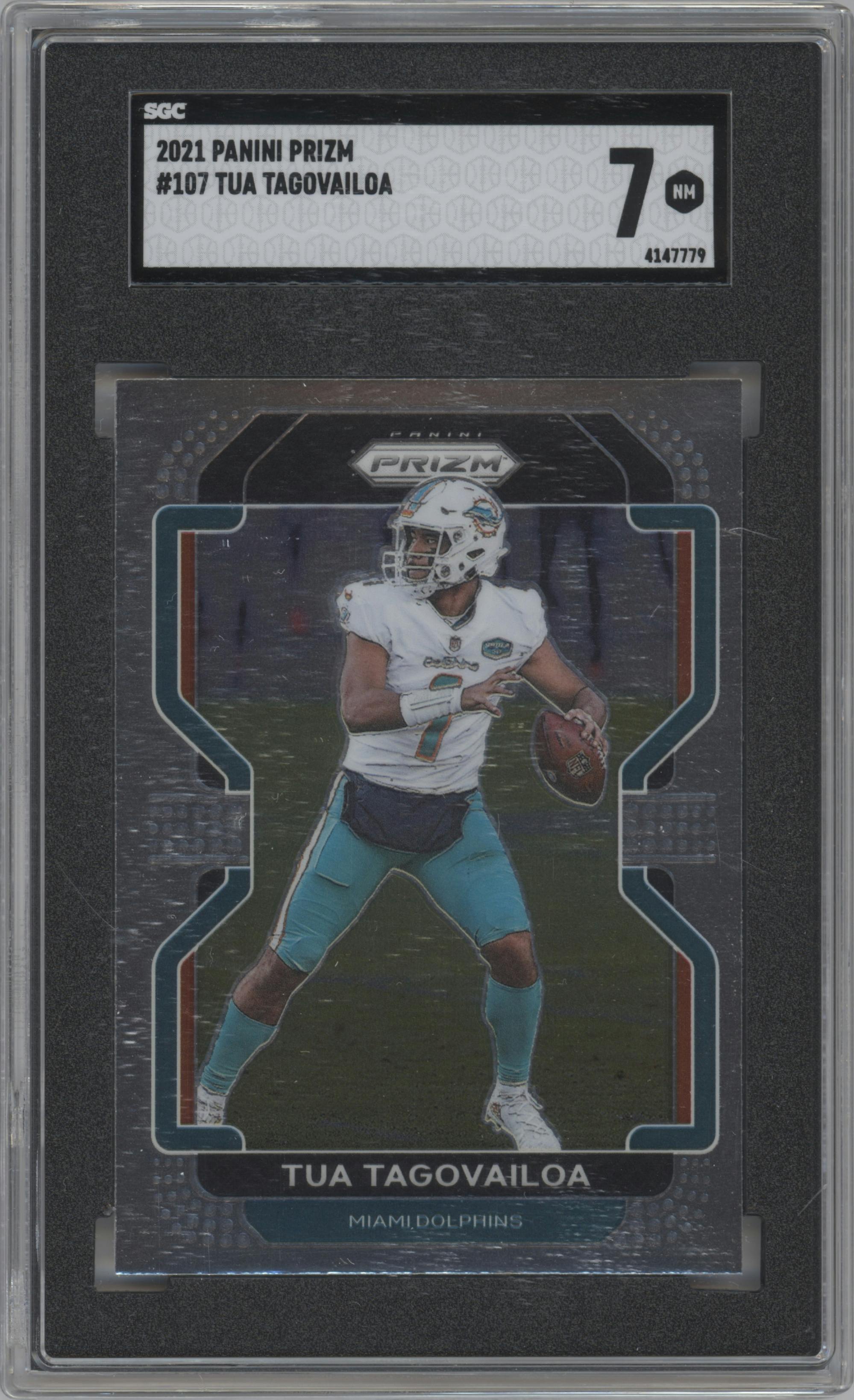 Tua Tagovailoa from the 2021 Panini Prizm set graded by SGC and given an overall grade of 7.